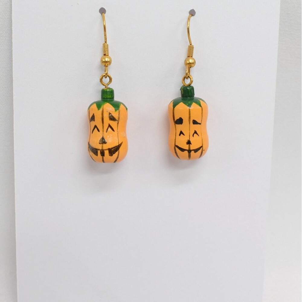 Pumpkin Dangle Earrings Halloween Hand Painted Wood Drop Jewelry Folk Art Orange